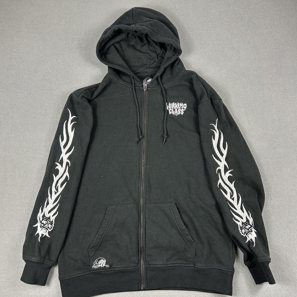 Lurking Class Hoodie Mens Medium Black Full Zip Flame Skull‎ Sleeve Graphic Art